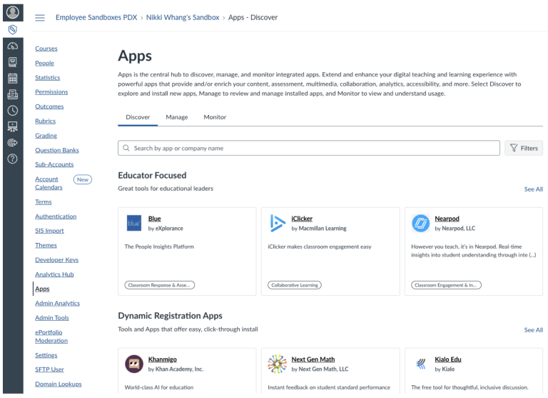 Screenshot of the Apps view in Canvas