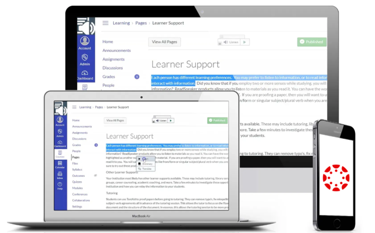 Screenshot of readspeaker functionality in Canvas on a laptop, tablet and phone