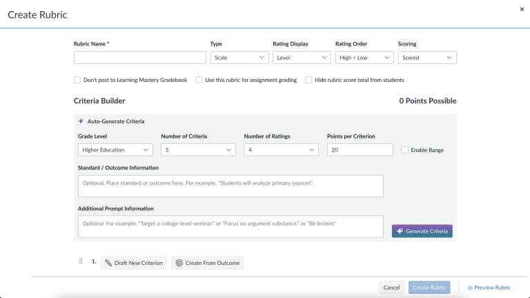 a screenshot of Generator for Rubrics