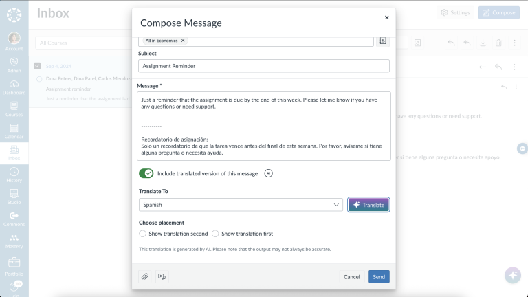 screenshot of translations in Canvas