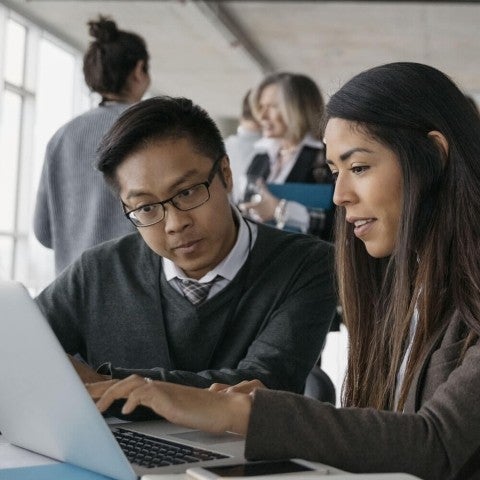 Two people working on Canvas on laptop