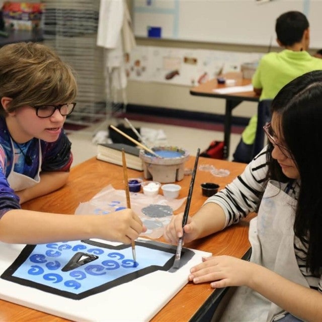 Students working together on painting