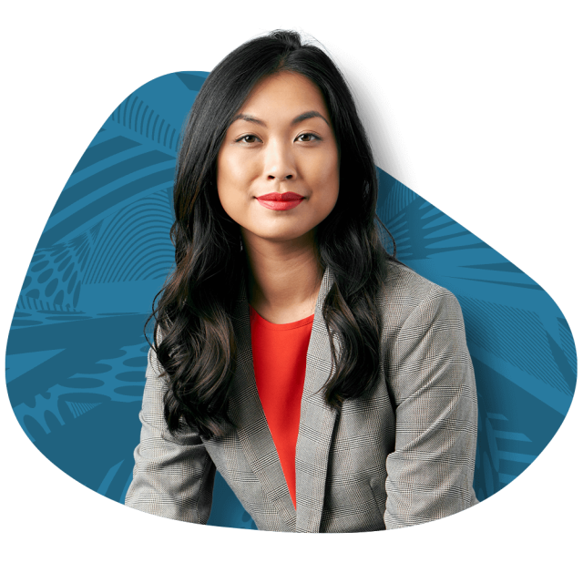 Person in front of illustrated background