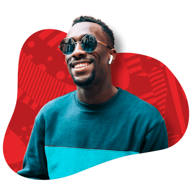 Person with sunglasses and headphones in front of illustrated background
