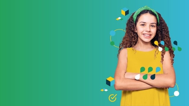 Girl with curly brown hair in yellow dress wearing green headband over blue-green background