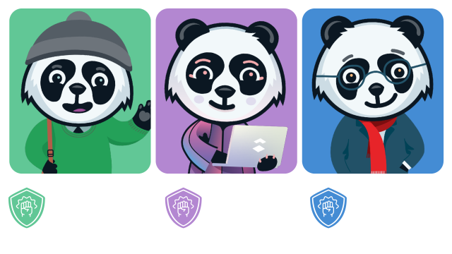 Three panda personality type cartoons