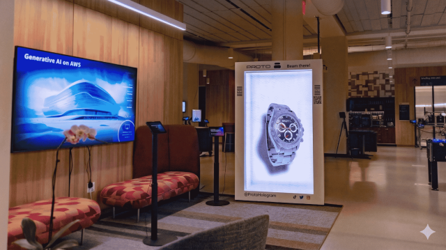 AWS NYC HQ tech lobby with interactive displays